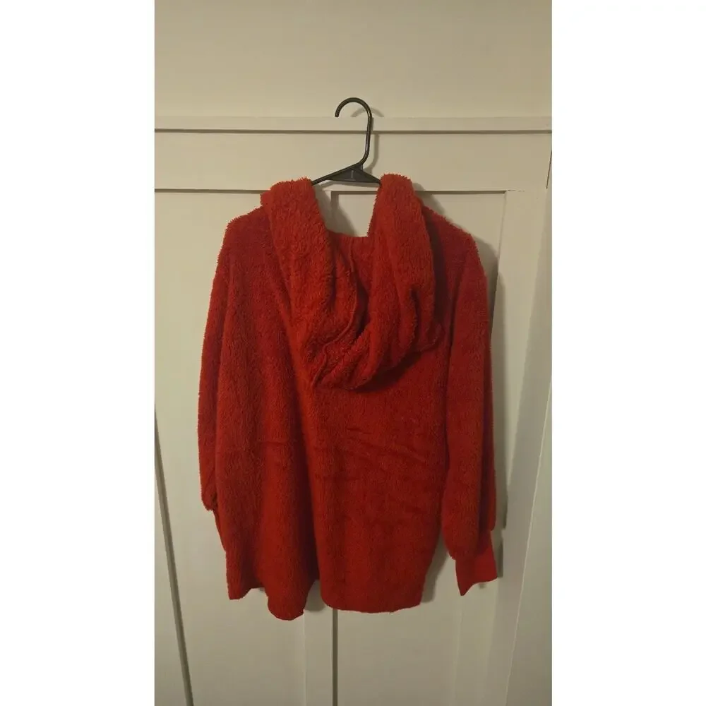 Top it off Red Sherpa Hooded Open Front Cardigan One Size